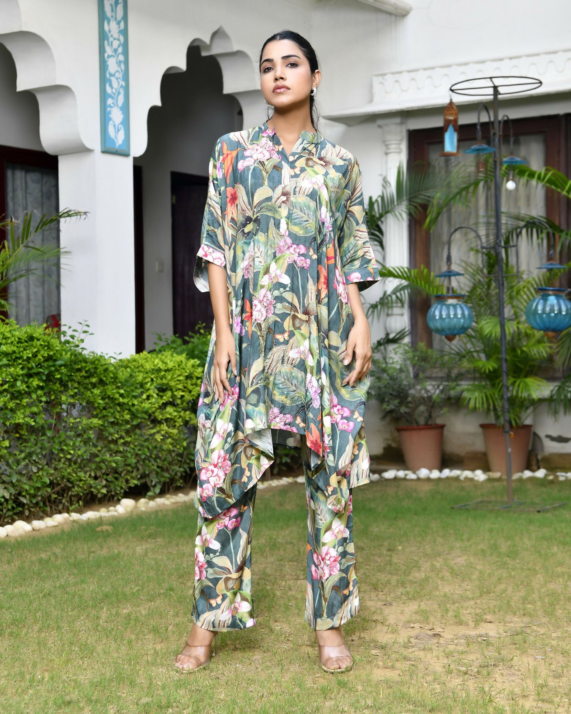 Vaasva Women's Dark Green Musline Viscose Digital Printed Kaftan Pant Set | Grocsy