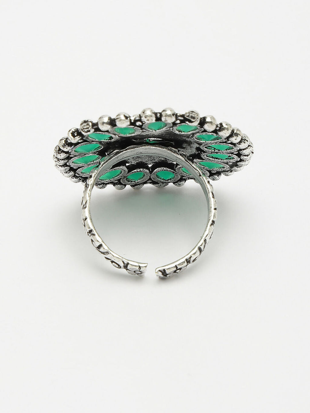 NVR Women's Green Silver-Plated Circular Shape Adjustable Finger Ring | Grocsy