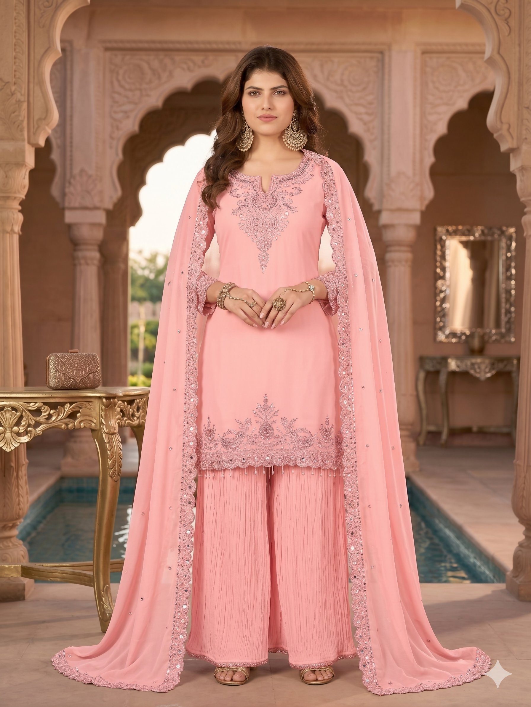 Teeya Creation Womens New Georgette Silk With Heavy Embroiedery With Sequence Work Pink Kurta Set | Grocsy