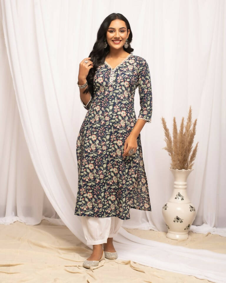 FIORRA Women's Floral Printed Blue Cotton Straight Kurta | Grocsy