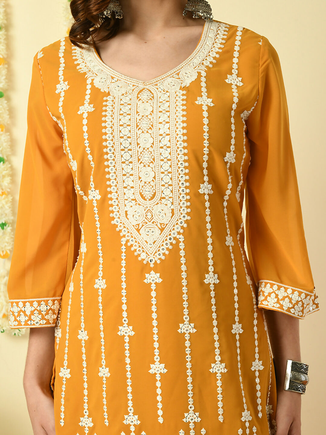 Myshka Women's Mustard Georgette Kurta & Palazzos With Dupatta Party Sets | Grocsy