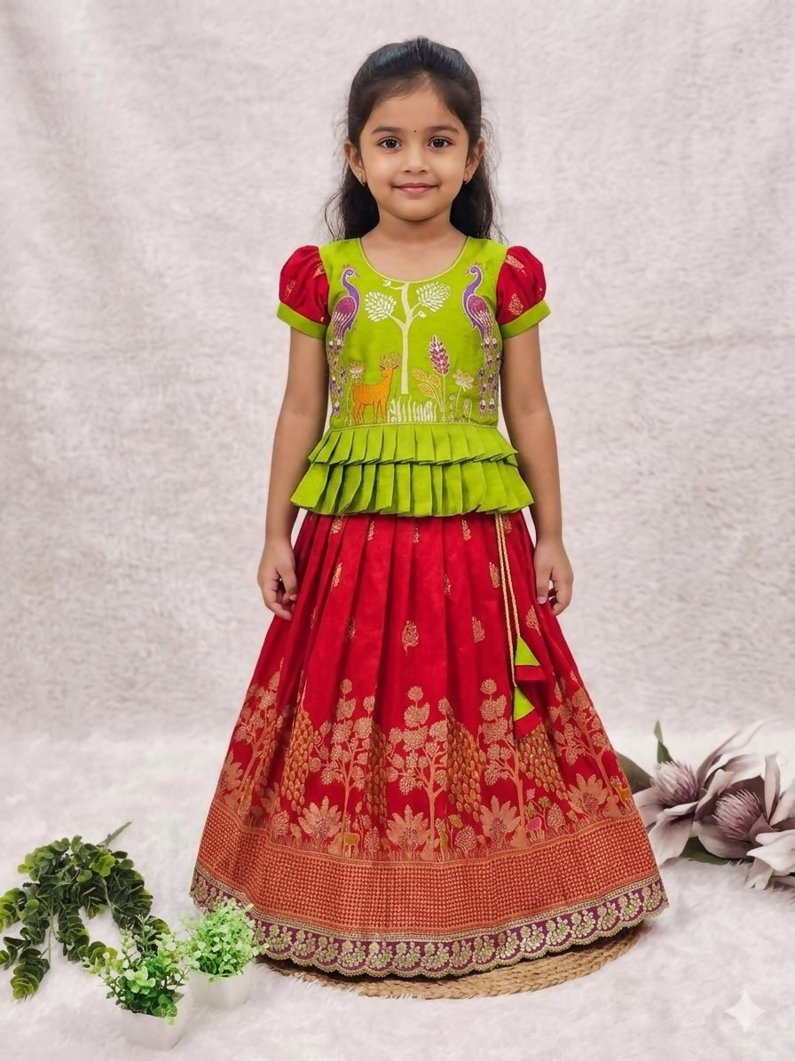 Teeya Creation New Kids Red Color Little Deer Forest Fantasy Lehenga Choli Set -Green | Grocsy