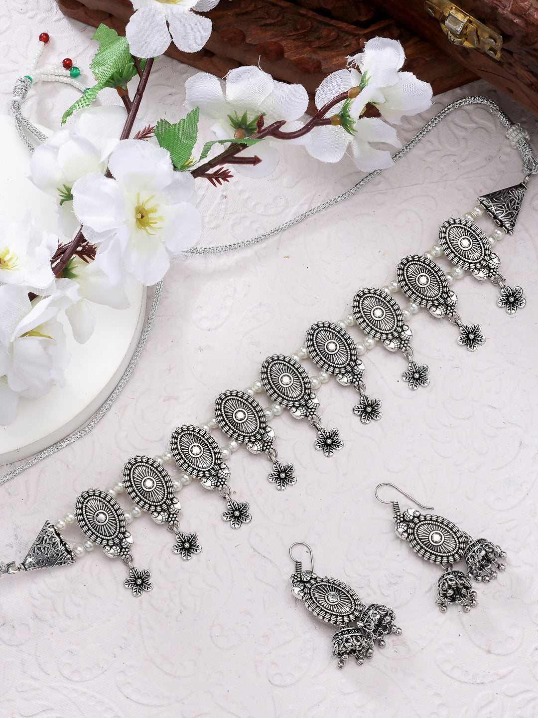 NVR Women's Silver-Plated Choke Oxidized Necklace with Jhumka Earrings | Grocsy