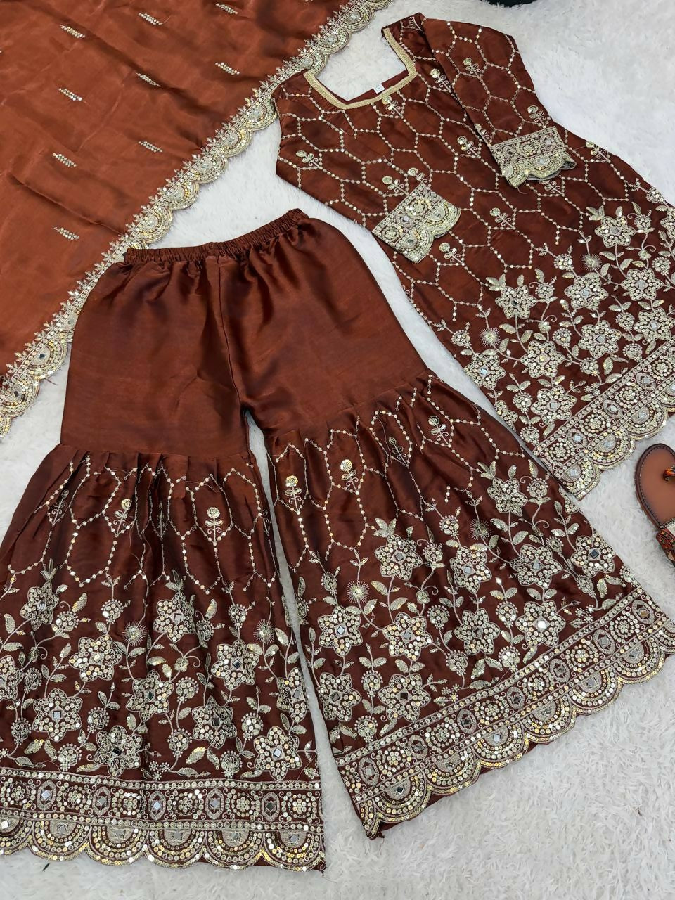 Teeya Creation New Trendy Latest Designer Embroidery Sharara Kurta Set -Brown | Grocsy