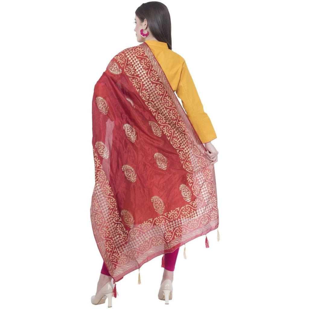 A R Silk Women's Gold Print Silk Mehroon Dupattas and Chunnis | Grocsy