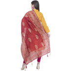 A R Silk Women's Gold Print Silk Mehroon Dupattas and Chunnis | Grocsy