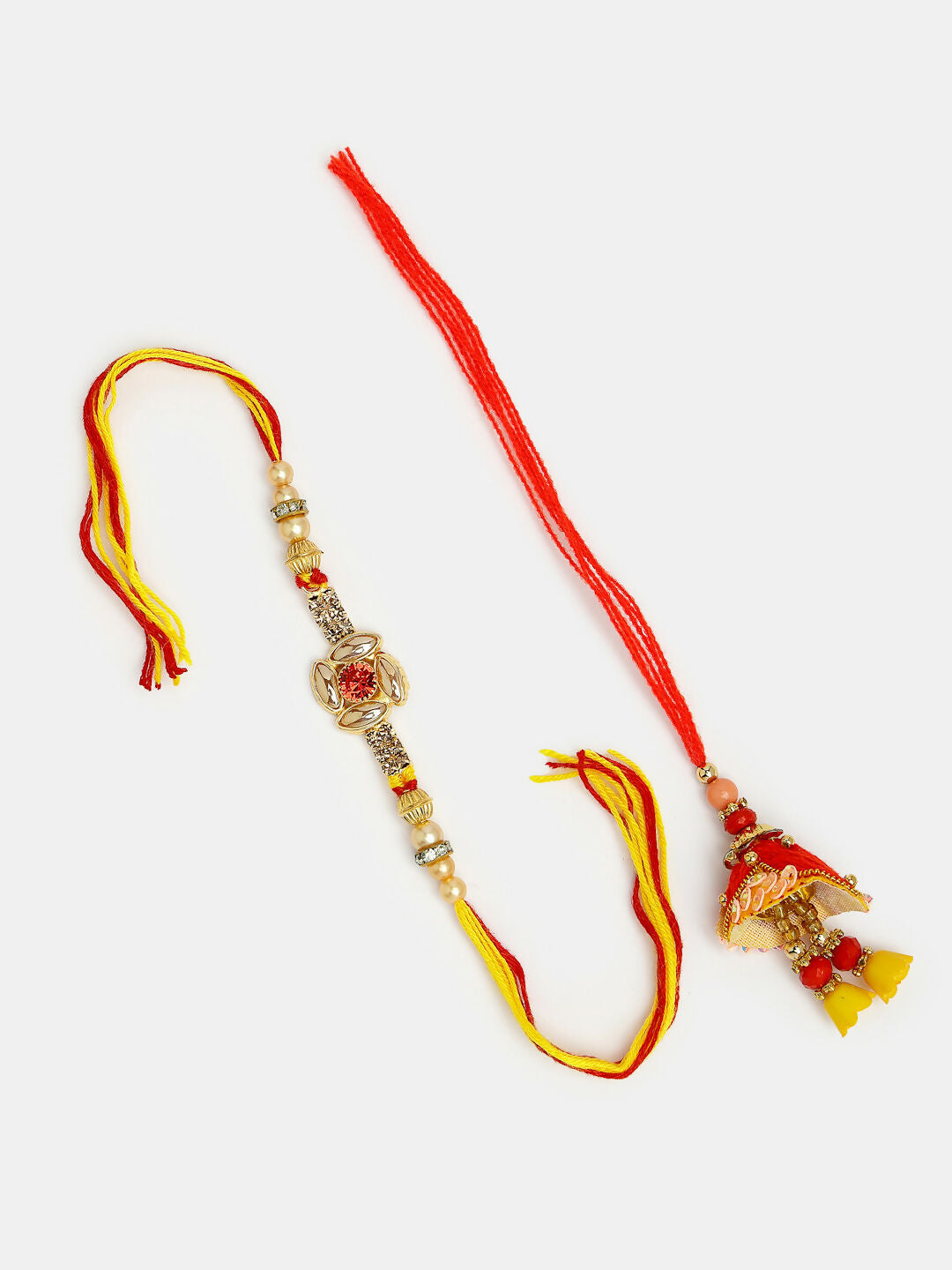 NVR Women & Men Set of 2 Red & Gold-Toned Stone-Studded Bhaiya Bhabhi Rakhi With Roli Chawal | Grocsy