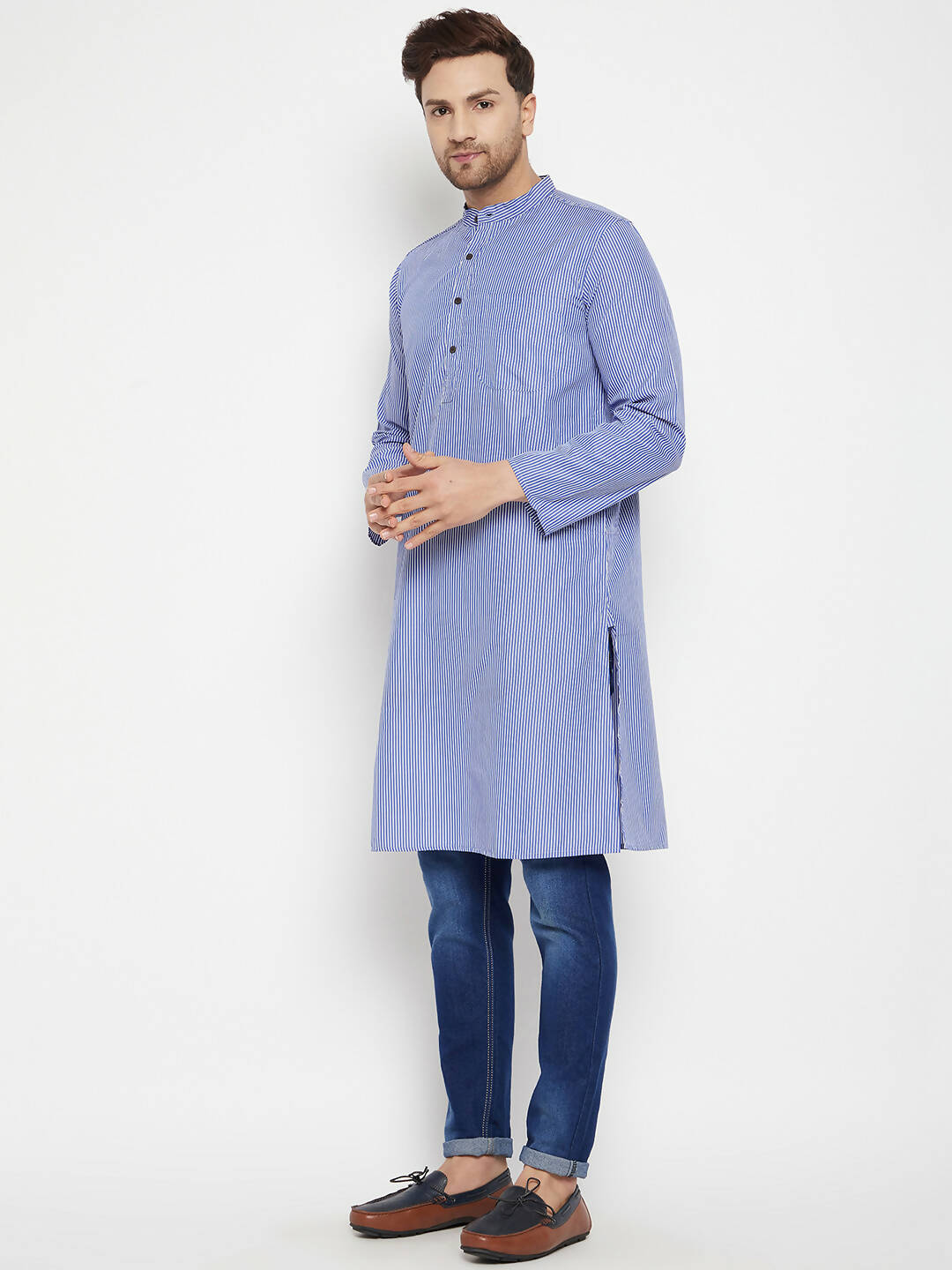 Even Apparels Blue Color Pure Cotton Long Men's Kurta With Band Collar | Grocsy