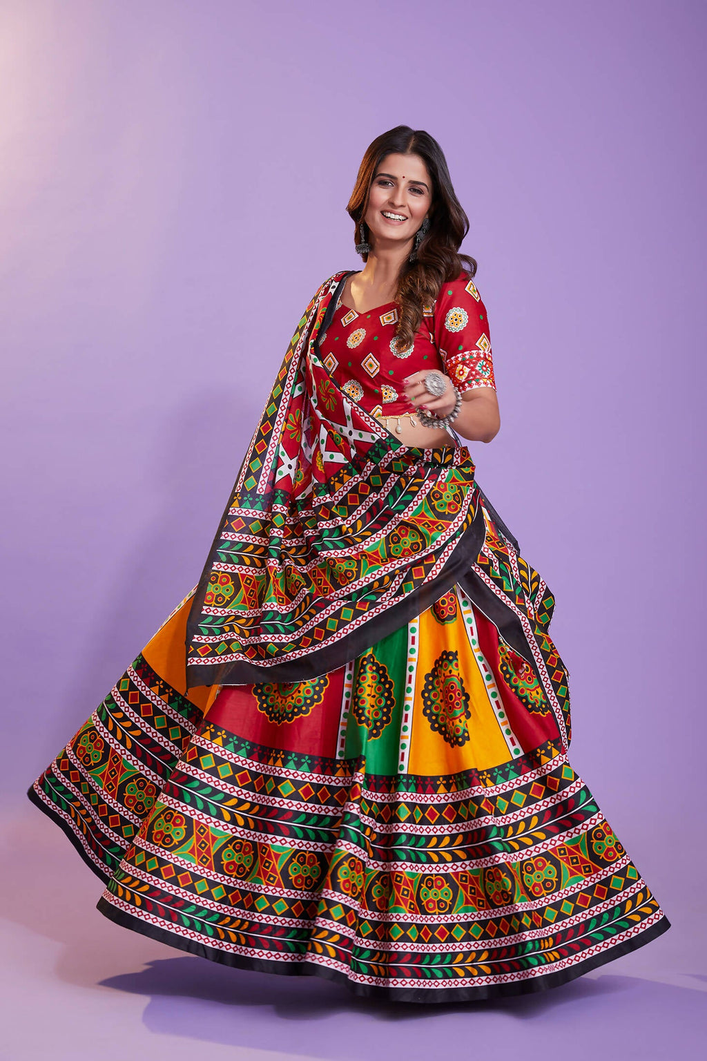 Multi Color Pure Cotton Hand Block Print Navratri Lehenga Choli with Dupatta - Raas | Grocsy