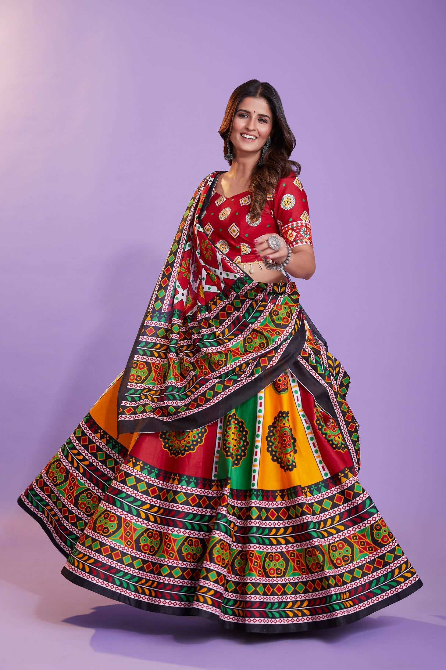 Multi Color Pure Cotton Hand Block Print Navratri Lehenga Choli with Dupatta - Raas | Grocsy