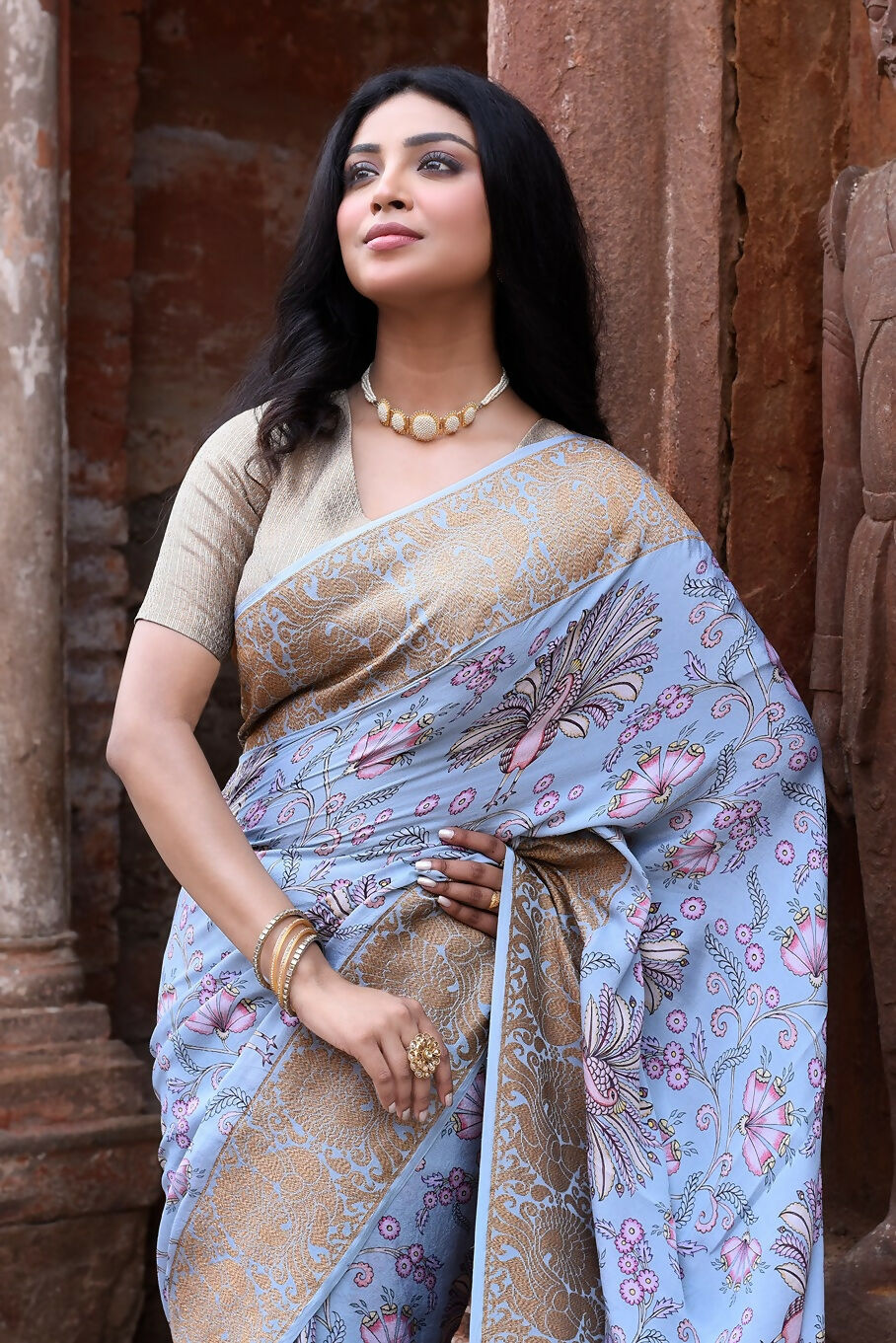 Joban Fashion Light Blue Crepe Chiffon Pure Handloom Banarasi Silk Saree | Grocsy