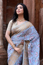 Joban Fashion Light Blue Crepe Chiffon Pure Handloom Banarasi Silk Saree | Grocsy