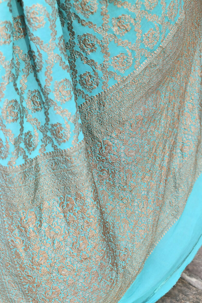 Joban Fashion Teal Green Crepe Chiffon Pure Handloom Banarasi Silk Saree | Grocsy