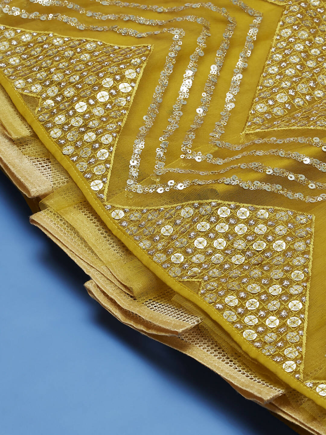 House of Panchhi Mustard Net Sequinse Work Lehenga & Blouse, Dupatta | Grocsy