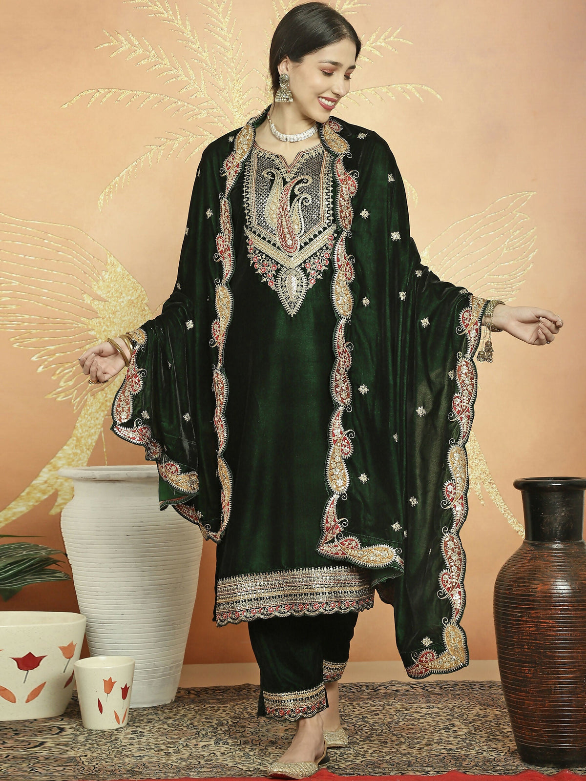 Jyoti Fashion Women's Green Velvet Cording with Resham Thread & Sequin Kurta with Trouser & Dupatta | Grocsy