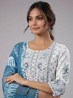 Juniper Women Sky-Blue Rayon Staple Kalamkari Printed Kurta, Pants and Dupatta Set | Grocsy