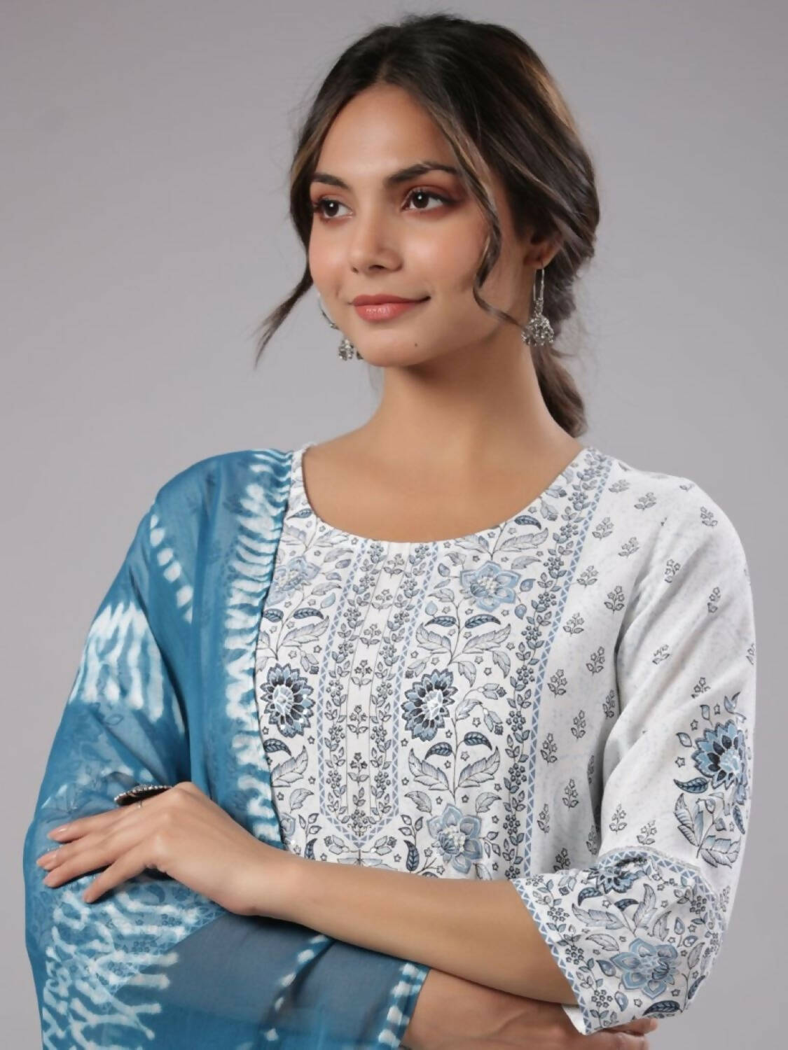 Juniper Women Sky-Blue Rayon Staple Kalamkari Printed Kurta, Pants and Dupatta Set | Grocsy