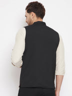 Even Apparels Black Merino Men's Nehru Jacket-Contrast Lining-Inbuilt Pocket Square | Grocsy