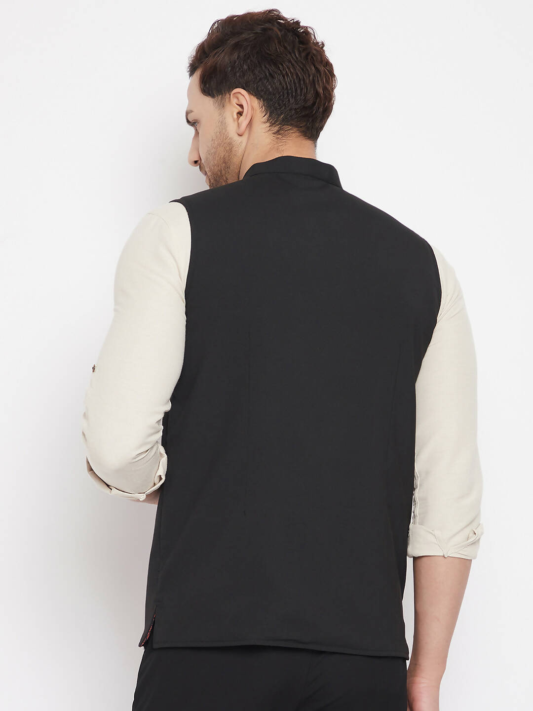 Even Apparels Black Merino Men's Nehru Jacket-Contrast Lining-Inbuilt Pocket Square | Grocsy