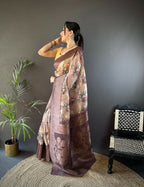 Joban Fashion Brown Floral Motifs Banarasi Silk Sarees | Grocsy