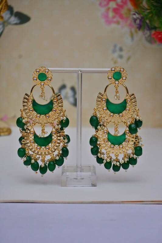 Meenakari Work Gold-Polished 2 Layered Beaded Green Chandbali Earrings with Kundan and Pearl Work By House of Ree - House of Ree