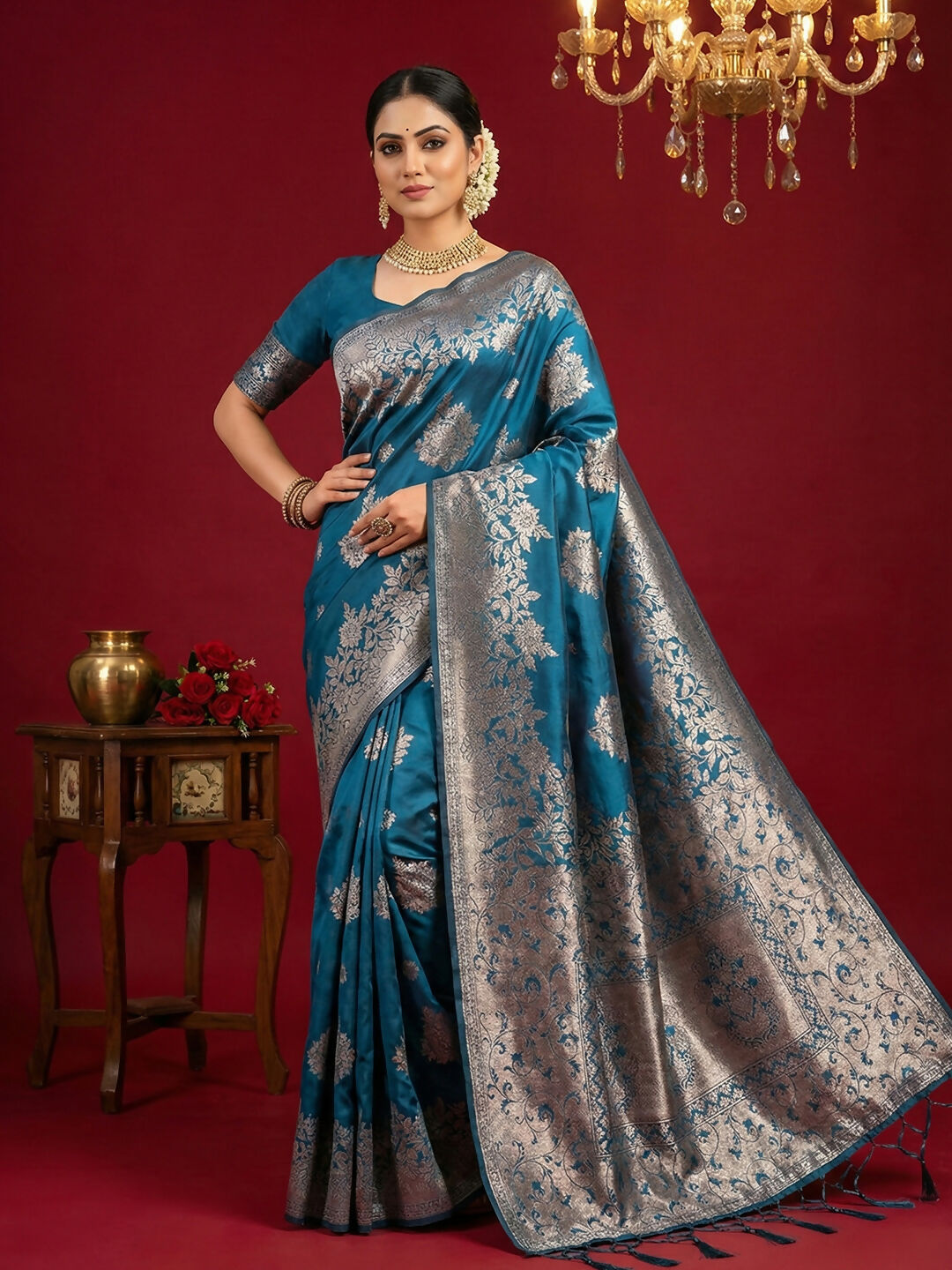 Shree Shyam Fashion Teal Blue Silk Blend Saree | Grocsy