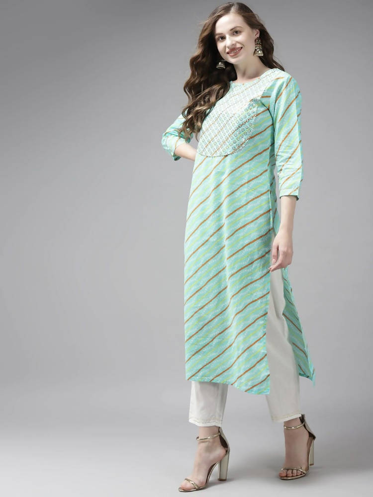 Yufta Women Sea Green Bandhani Striped Regular Sequined Pure Cotton Kurta with Palazzo | Grocsy