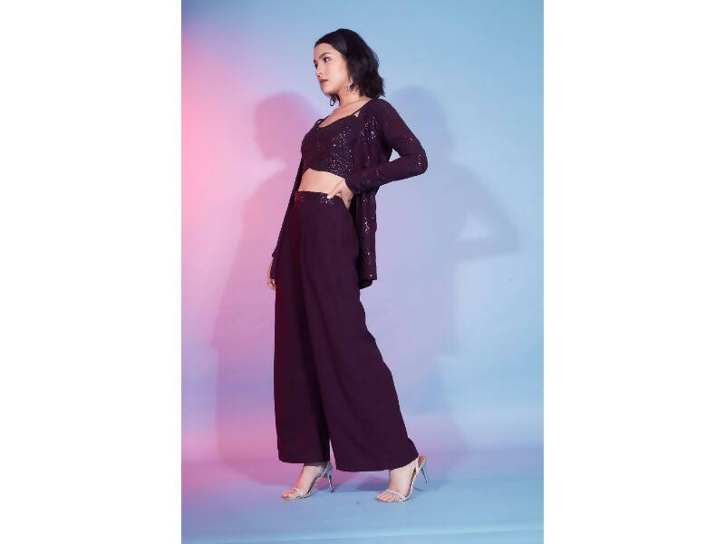 Maroon Georgette Sequence With Thread Designer Co-Ord Set - Flory | Grocsy