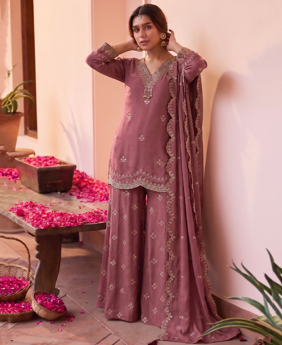 KC Roman Silk Palazzo Suit For Women Wedding Wear Pink | Grocsy