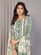 Joban Fashion Women Off White & Forest Green Linen Printed Stitched Kurta Set | Grocsy