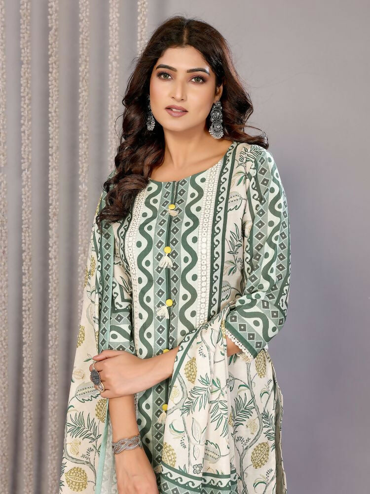 Joban Fashion Women Off White & Forest Green Linen Printed Stitched Kurta Set | Grocsy