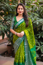 Green Jute Silk Ethnic Motifs Saree with Unstitched Blouse - A2M | Grocsy