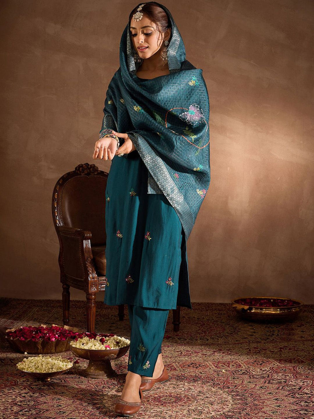 Indo Era Floral Embroidered Thread Work Straight Kurta With Trousers & Dupatta | Grocsy