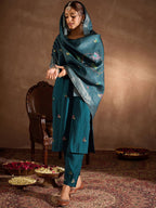 Indo Era Floral Embroidered Thread Work Straight Kurta With Trousers & Dupatta | Grocsy