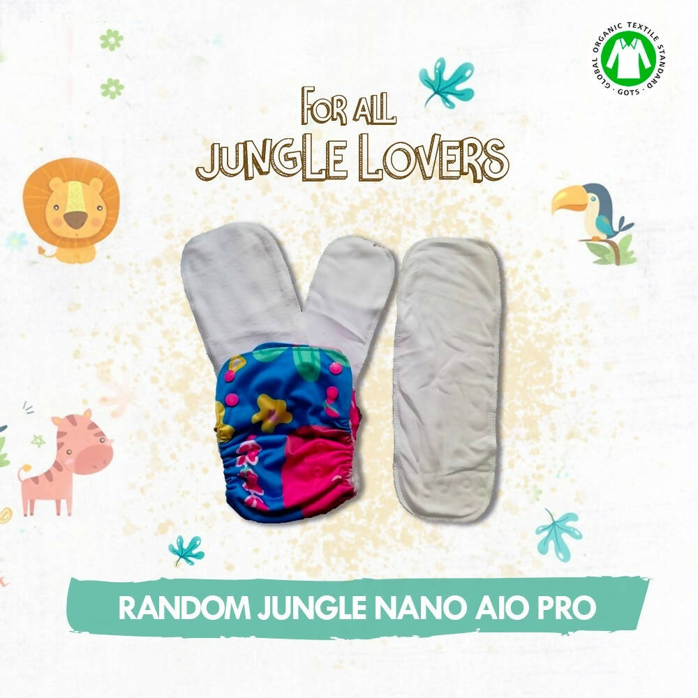 Kindermum Nano Pro Aio Cloth Diaper ( With 2 Organic Inserts And Power Booster)-Random Jungle For Kids | Grocsy