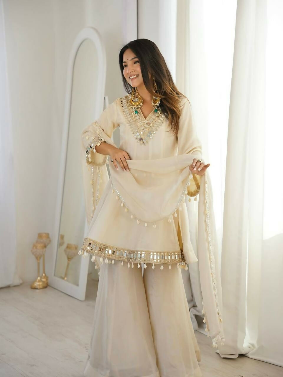 Teeya Creation New Latest Trendy Real Mirror Work With Lace Border Cream Kurta Set | Grocsy