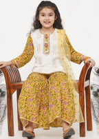 Little Bansi Girls Cotton Embroidery Kurta with floral sharara with Dupatta - White & Yellow | Grocsy