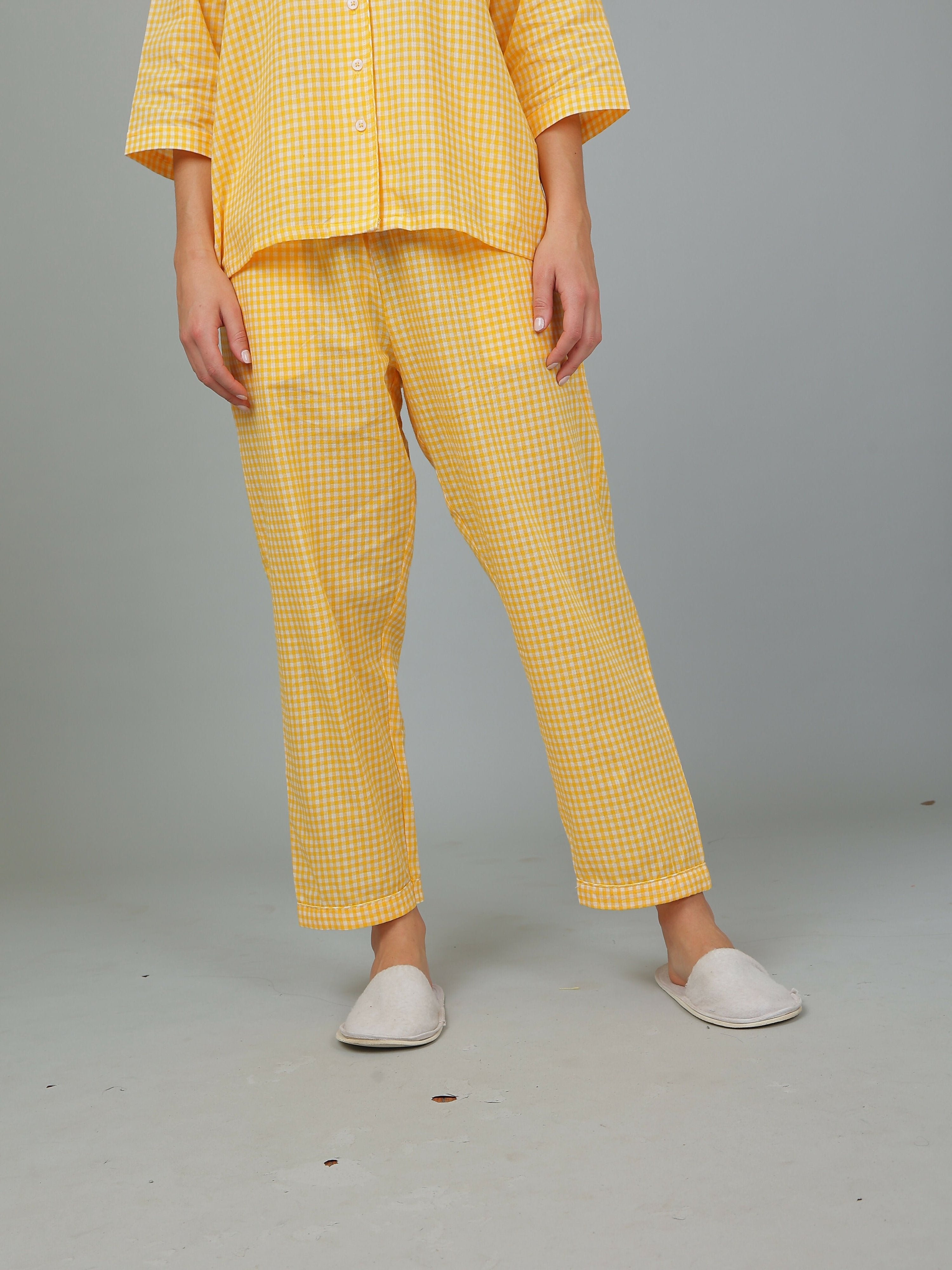 Breathables Women Cotton Checks Night Suit Shirt And Pants Co-Ord Set I Night Wear-Yellow | Grocsy