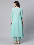 Ahalyaa Women Sea Green Colour Pure Cotton Gold Foil Print Kurta Pant Set | Grocsy