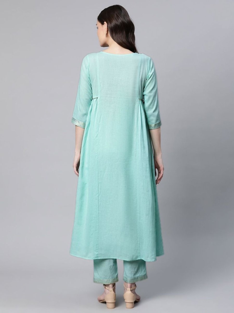 Ahalyaa Women Sea Green Colour Pure Cotton Gold Foil Print Kurta Pant Set | Grocsy