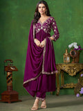 Sangria Floral Embroidered A-Line Kurta & Trousers With Dupatta | Grocsy