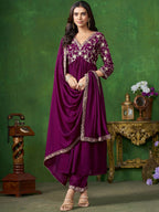 Sangria Floral Embroidered A-Line Kurta & Trousers With Dupatta | Grocsy