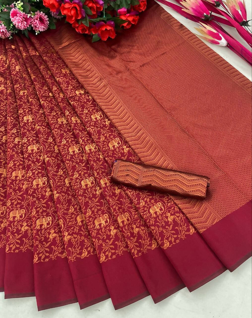DEIANA'S Beautiful Designer Golden zari Soft Lichi Silk Saree - Brown | Grocsy