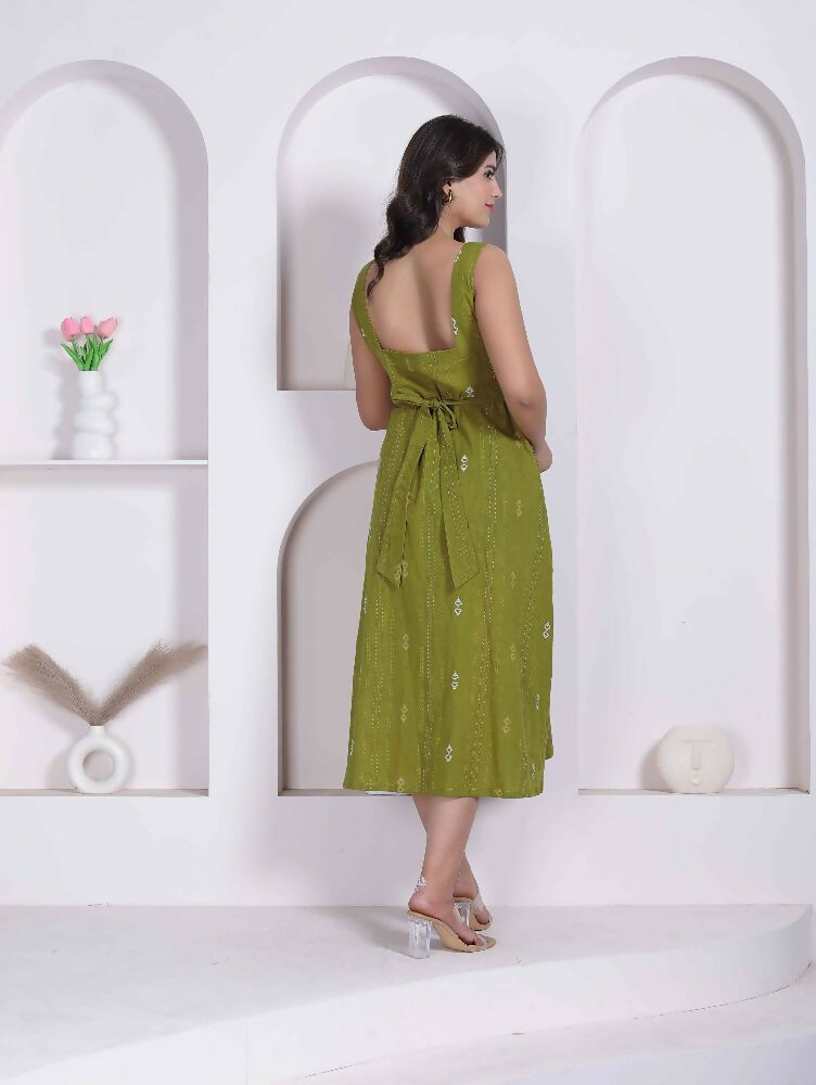 Miravan Womens Abstract Printed Green ALine Maxi Dress | Grocsy