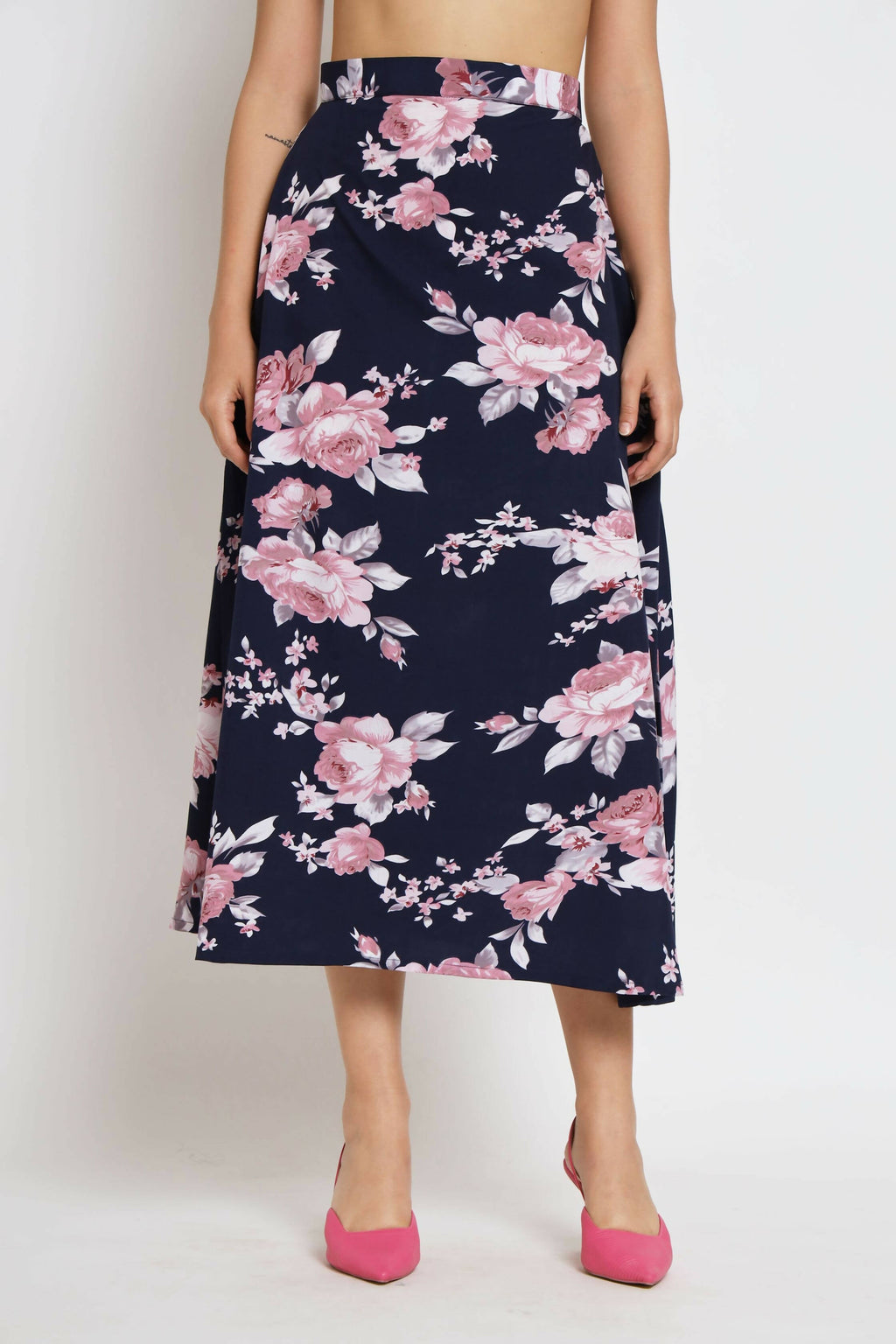 Blue Crepe Floral Printed Top with Matching Skirt - Shivani | Grocsy