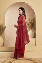 Vastranavya Rust Digital Printed Linen Ready To Wear Designer Saree with Unstitched Blouse | Grocsy
