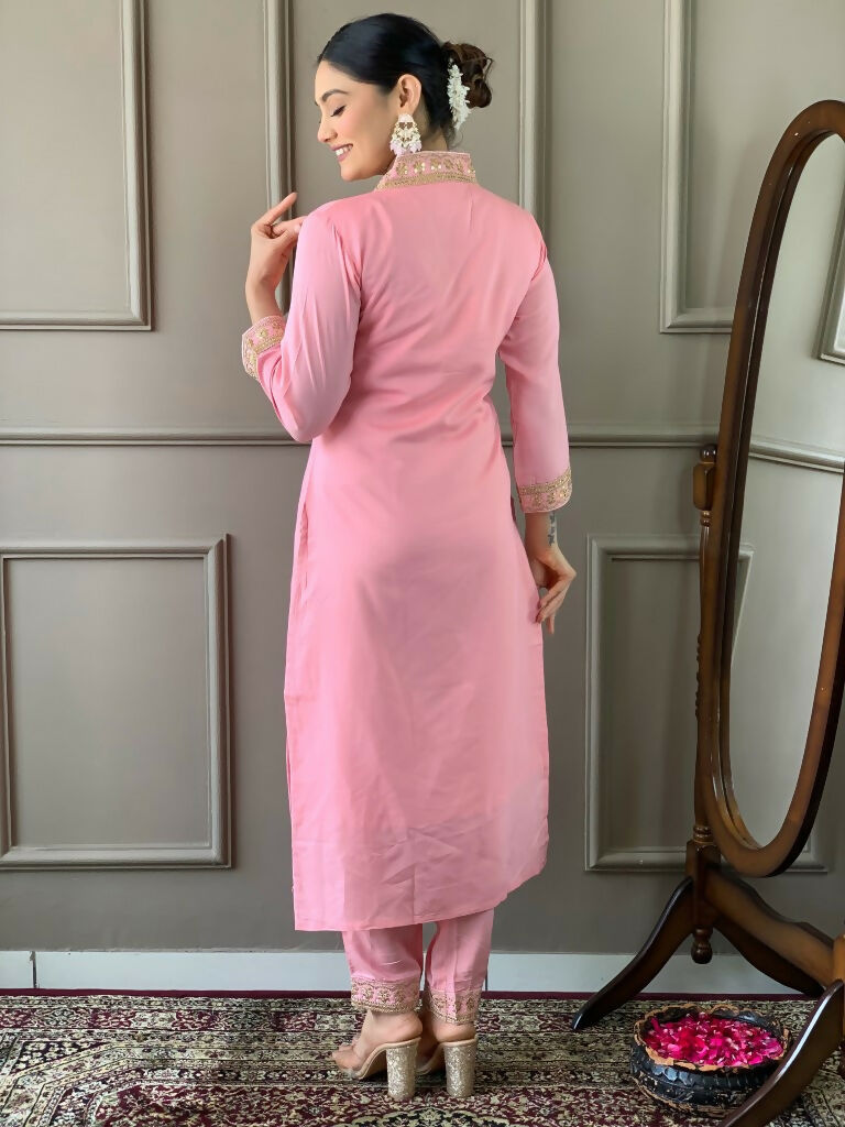 Partywear Designer Viscose Silk Blend Pink Stitched Suit With Dupatta - Tanisha | Grocsy