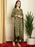 Jyoti Fashion Women's Green Pashmina Floral Digital Printed Kurta with Trouser & Dupatta | Grocsy