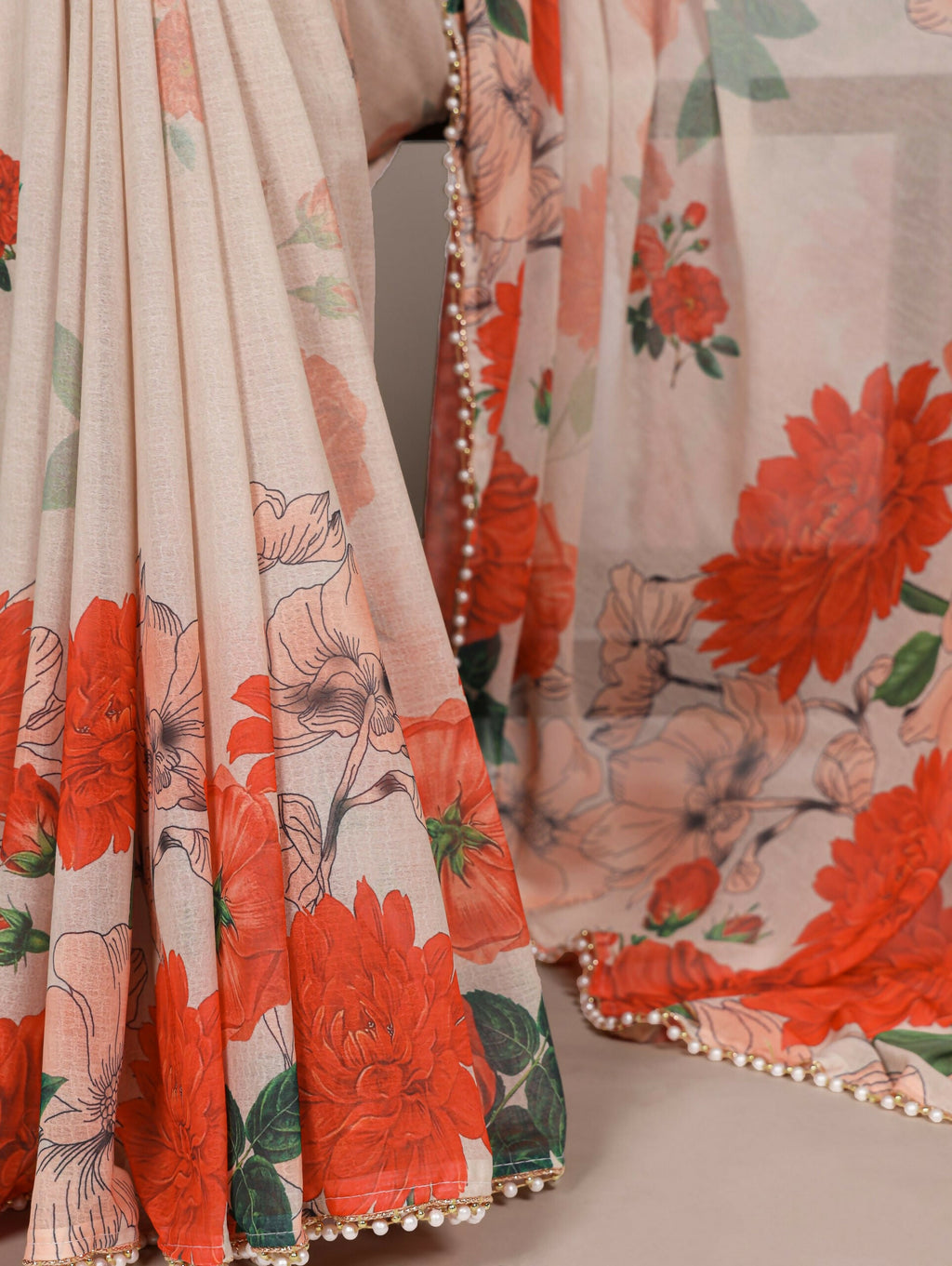 Vastranavya Off White Weightless Marble and Floral Printed Georgette Saree with Unstitched Blouse | Grocsy