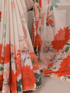 Vastranavya Off White Weightless Marble and Floral Printed Georgette Saree with Unstitched Blouse | Grocsy
